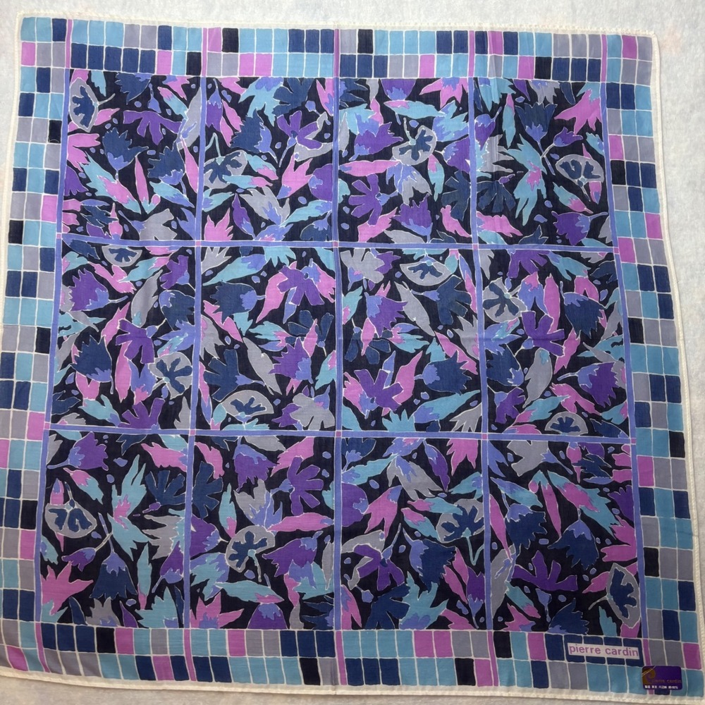 VTG PIERRE CARDIN Scarf Handkerchief Floral Cotton Purple Blue 19.5in